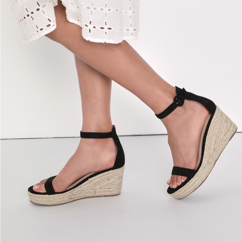 Lulus Waynie Black Suede Platform Espadrille Ankle Strap Sandals Size 10